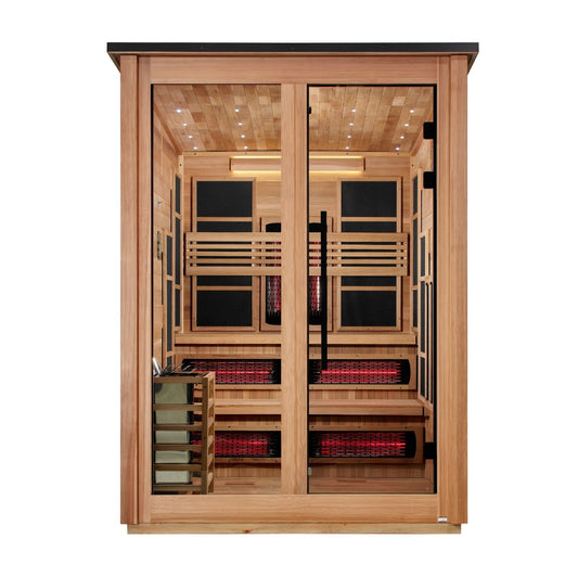 Golden Designs "Kaskinen" 6 Person, Pacific Cedar Barn Hybrid PureTech™ Full Spectrum IR or Traditional Stove) Outdoor Sauna GDI-8526-02) - GDI-8526-02