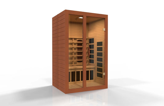 Golden Designs Near Zero EMF 2-Person Dynamic Full Spectrum "Santiago" FAR Infrared Sauna with Dark Honey Hemlock Wood | Model: DYN-6209-03 FS - DYN-6209-03 FS