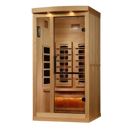 Buy online https://goldendesignsaunas.com Golden Designs "Reserve Edition" 2-Person Full Spectrum PureTech™ Near Zero EMF FAR Infrared Sauna with Himalayan Salt Bar w/ Hemlock | GDI-8010-03