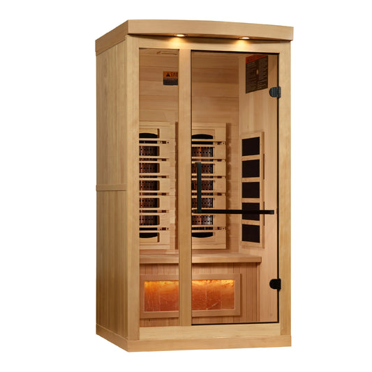 Buy online https://goldendesignsaunas.com Golden Designs "Reserve Edition" 2-Person Full Spectrum PureTech™ Near Zero EMF FAR Infrared Sauna with Himalayan Salt Bar w/ Hemlock | GDI-8010-03