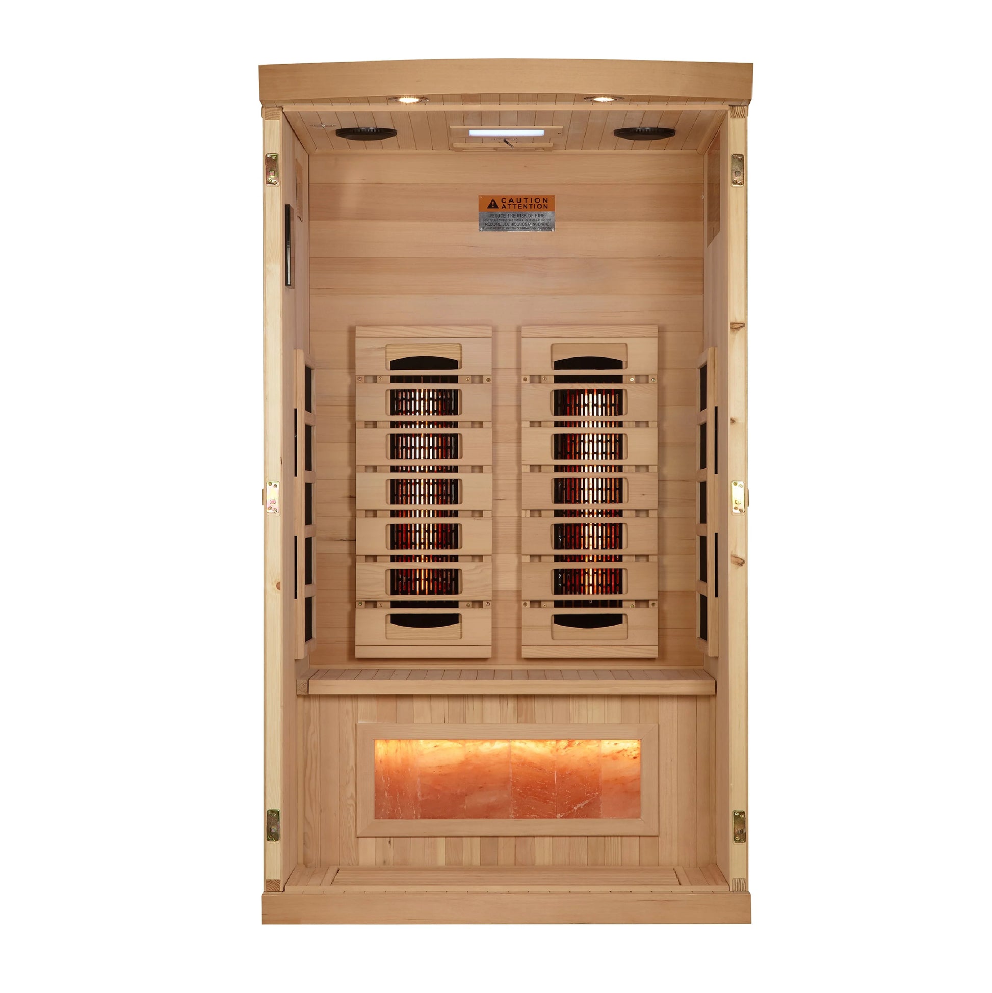 Buy online https://goldendesignsaunas.com Golden Designs "Reserve Edition" 2-Person Full Spectrum PureTech™ Near Zero EMF FAR Infrared Sauna with Himalayan Salt Bar w/ Hemlock | GDI-8010-03