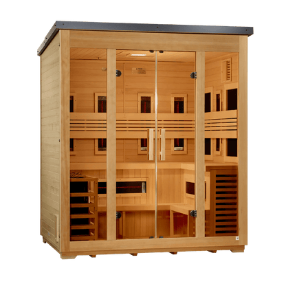 Golden Designs Traditional Full Spectrum Hybrid Outdoor Sauna 5 - Person w/ Canadian Hemlock | "Gargellen" GDI - 8125 - 01 - GDI-8025-01-Gargellen Flat Roof