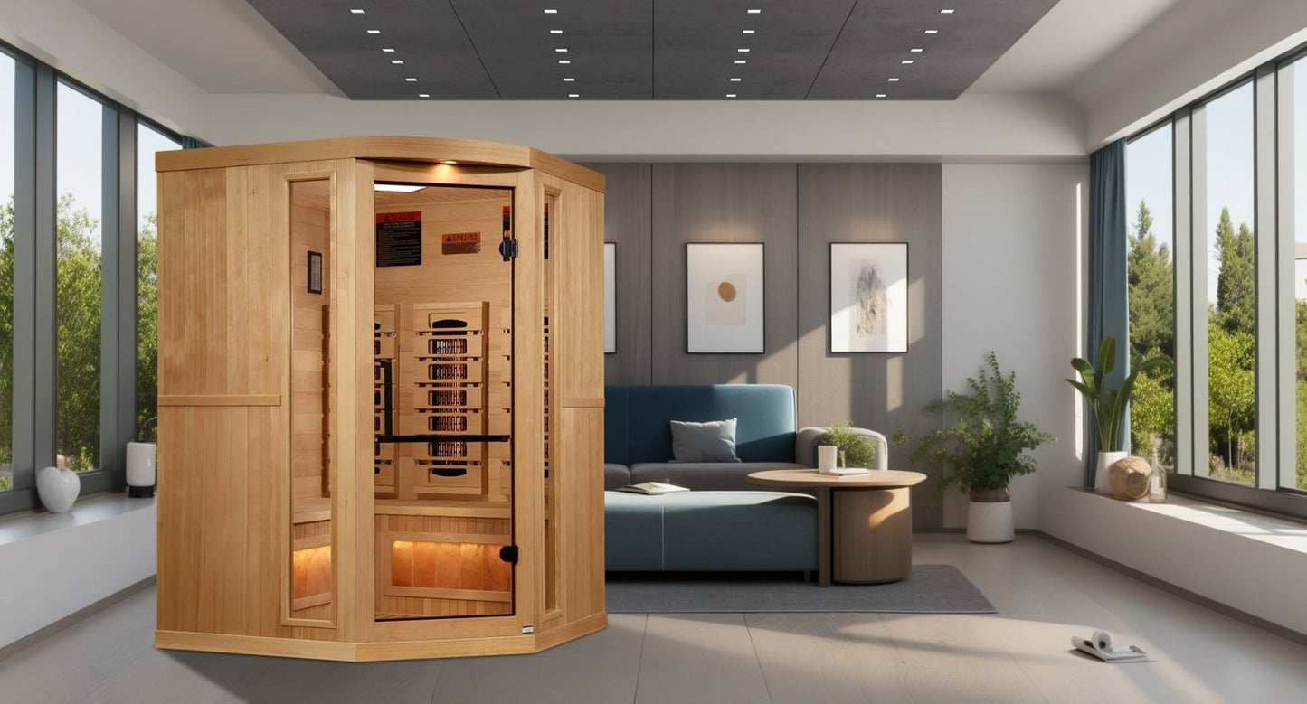 Golden Designs Near Zero EMF 3 - Person Full Spectrum PureTech™ FAR Infrared Sauna Corner Unit with Himalayan Salt Bar | Model: GDI - 8035 - 03 - GDI - 8035 - 03