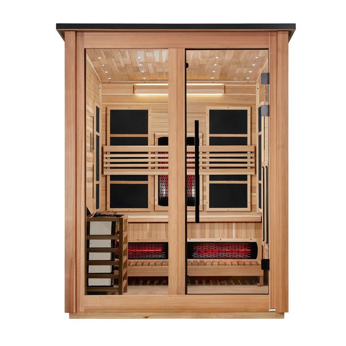 ***New 2026 Model*** Golden Designs "Loviisa" 3 Person, Pacific Cedar Barn Hybrid (PureTech™ Full Spectrum IR or Traditional Stove) Outdoor Sauna (GDI-8523-02) - GDI-8523-02