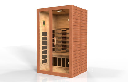 Golden Designs Near Zero EMF 2-Person Dynamic Full Spectrum "Santiago" FAR Infrared Sauna with Dark Honey Hemlock Wood | Model: DYN-6209-03 FS - DYN-6209-03 FS