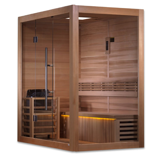 Golden Designs 3-Person "Forssa" Traditional Sauna - corner unit with Hemlock | GDI-7203-01 || - GDI-7203-01