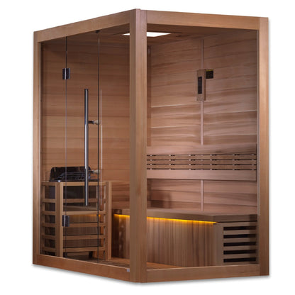 Golden Designs 3-Person "Forssa" Traditional Sauna - corner unit with Hemlock | GDI-7203-01 - GDI-7203-01