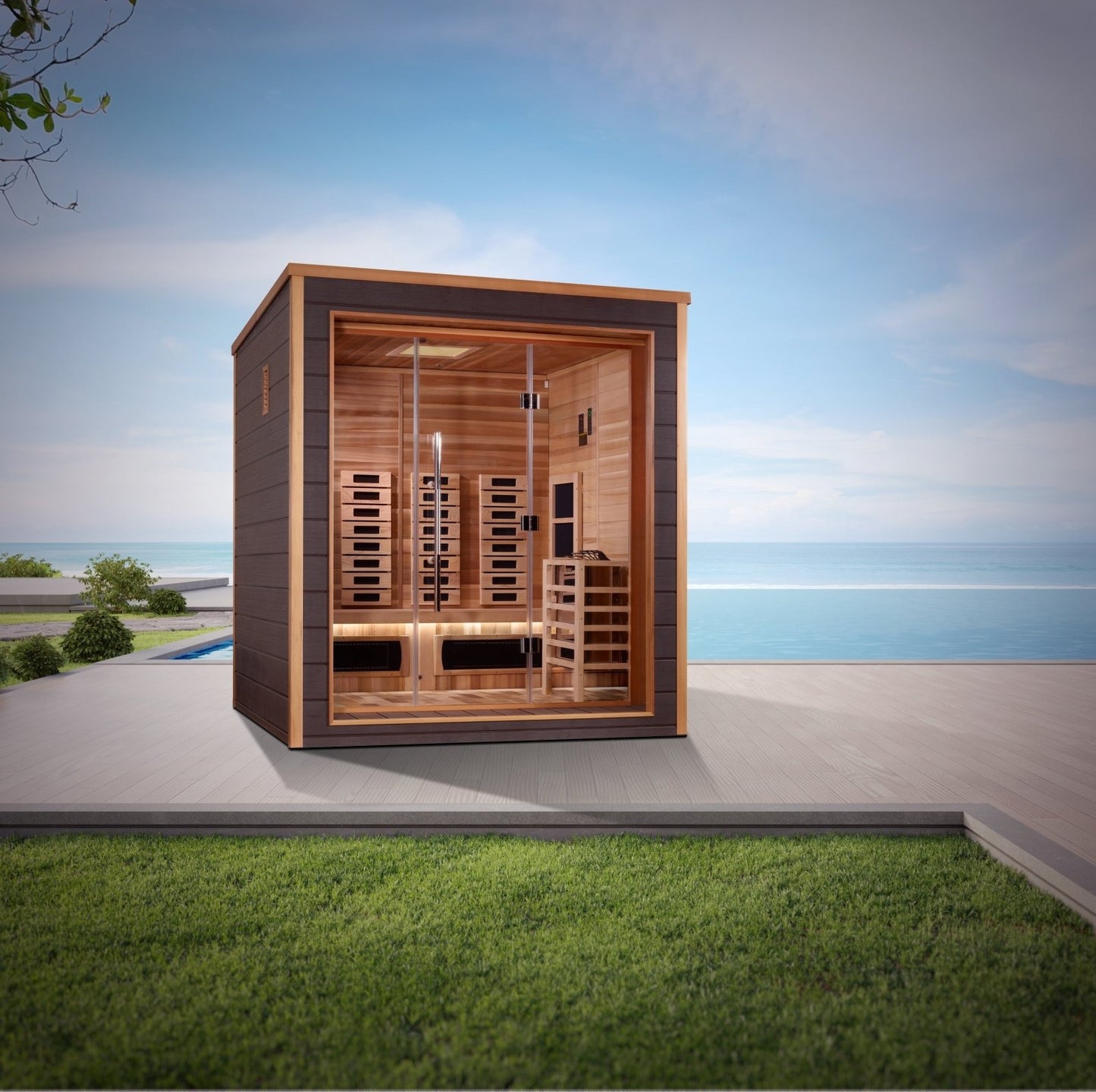 Golden Designs "Visby" 3-Person Indoor/Outdoor PureTech™ Hybrid Full Spectrum Sauna (GDI-8223-01) - Canadian Red Cedar Interior || - GDI-8223-01