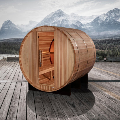 Golden Designs "Zurich" 4-Person Barrel with Bronze Privacy View - Traditional Steam Sauna - Pacific Cedar - GDI-B024-01