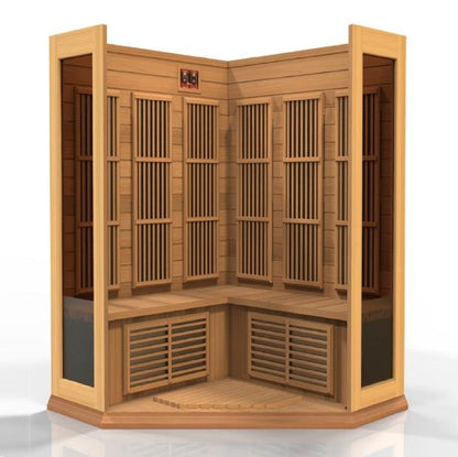 Golden Designs Near Zero EMF 3-Person Maxxus "Chaumont Edition" FAR Infrared Sauna Corner Unit with Red Cedar Wood | Model: MX-K356-01-ZF CED - MX-K356-01-ZF CED