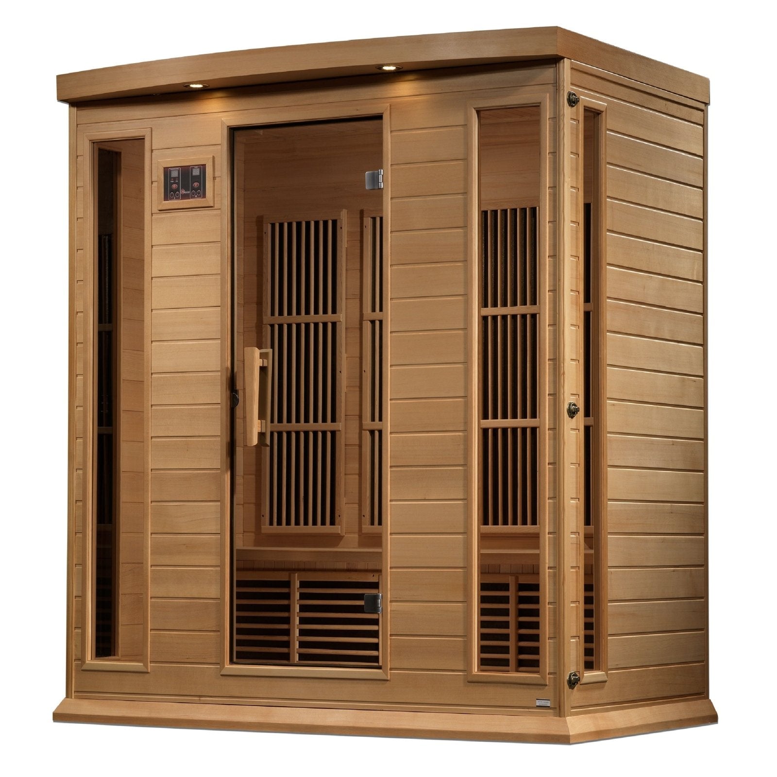 Golden Designs Near Zero EMF 4-Person Maxxus FAR Infrared Sauna Corner Unit  with Hemlock Wood | Model: MX-K406-01-ZF