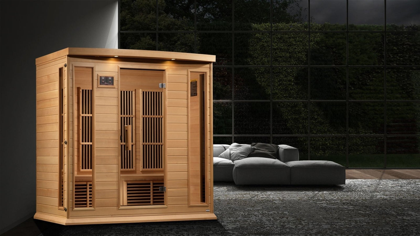 Golden Designs Near Zero EMF 4-Person Maxxus FAR Infrared Sauna Corner Unit with Hemlock Wood | Model: MX-K406-01-ZF - MX-K406-01-ZF